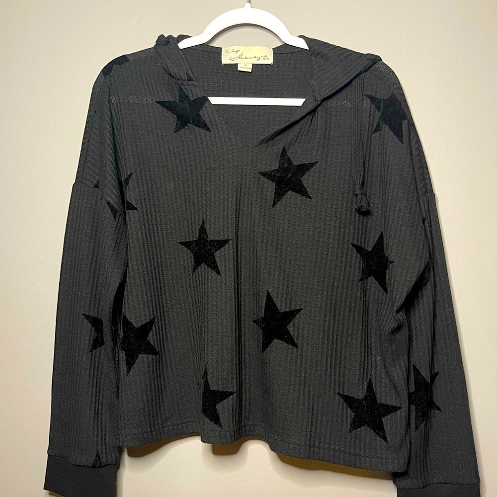 Vintage Havana Black Star Patterned Waffle Hoodie Medium